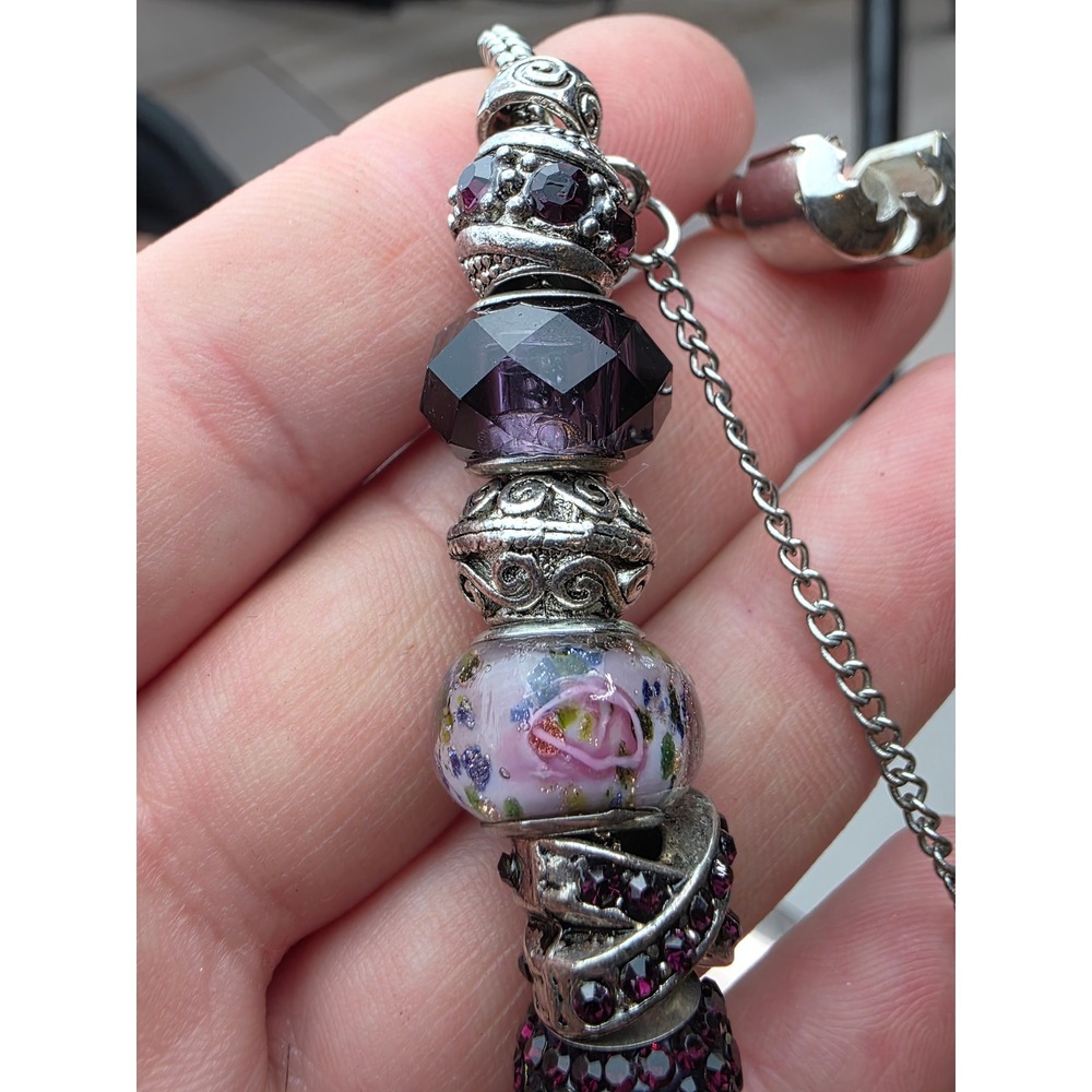 Sterling Silver Charm Bracelet Purple Murano Glass Pave Crystal Beads Yakira 48g - Picture 8 of 16